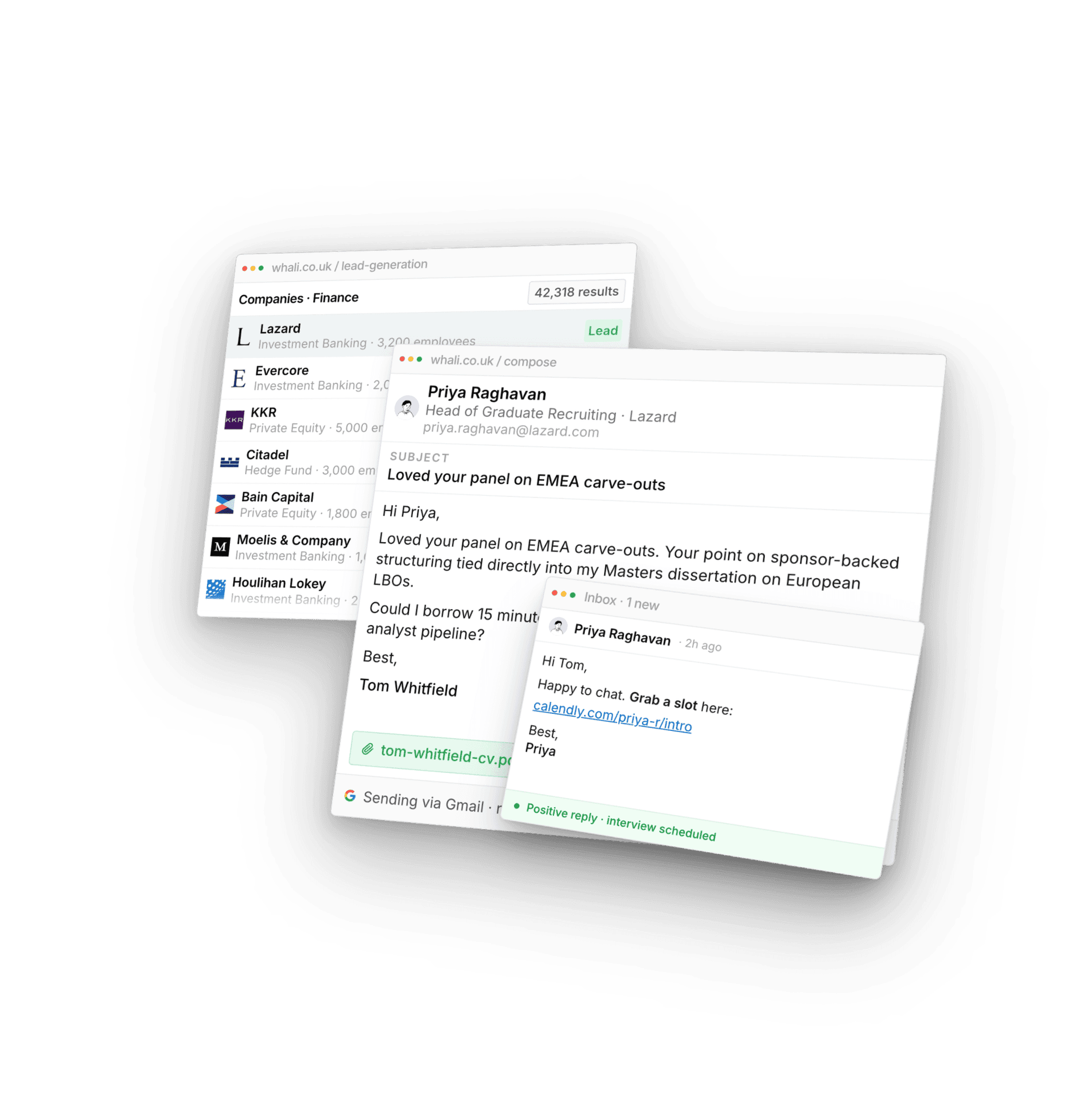Whali product preview: lead generation table with finance firms, AI-composed personalised email to a Lazard recruiter, and a positive reply scheduling an interview.