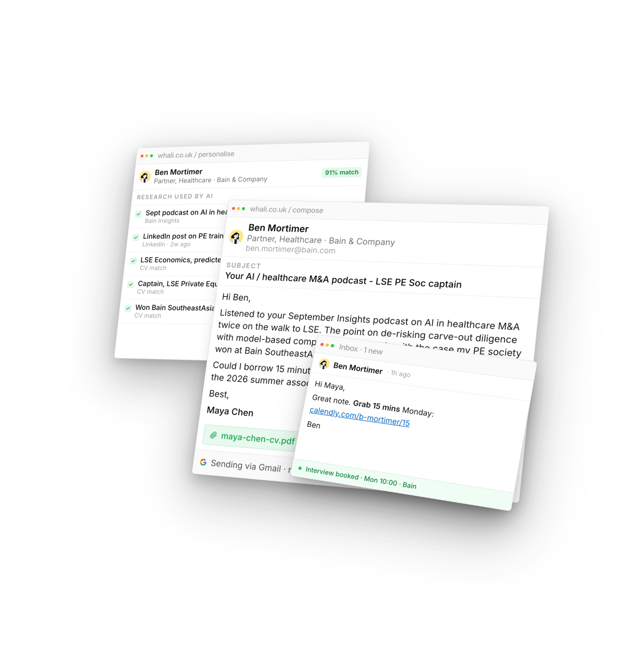 Whali students dashboard: AI insights, a personalised cold email to a Bain partner, and a reply confirming an interview
